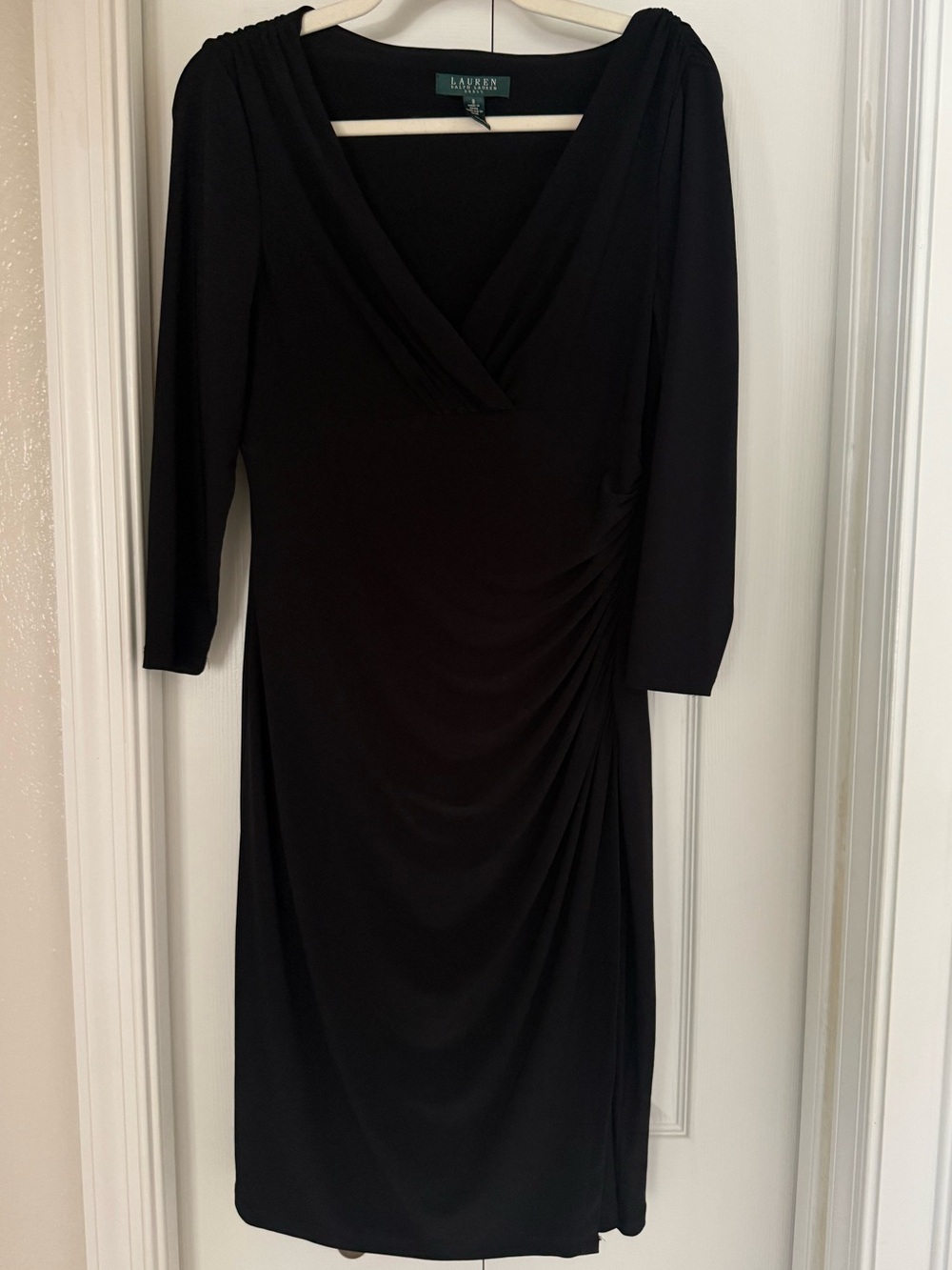 Lauren Ralph Lauren Black Ruched V-Neck Dress